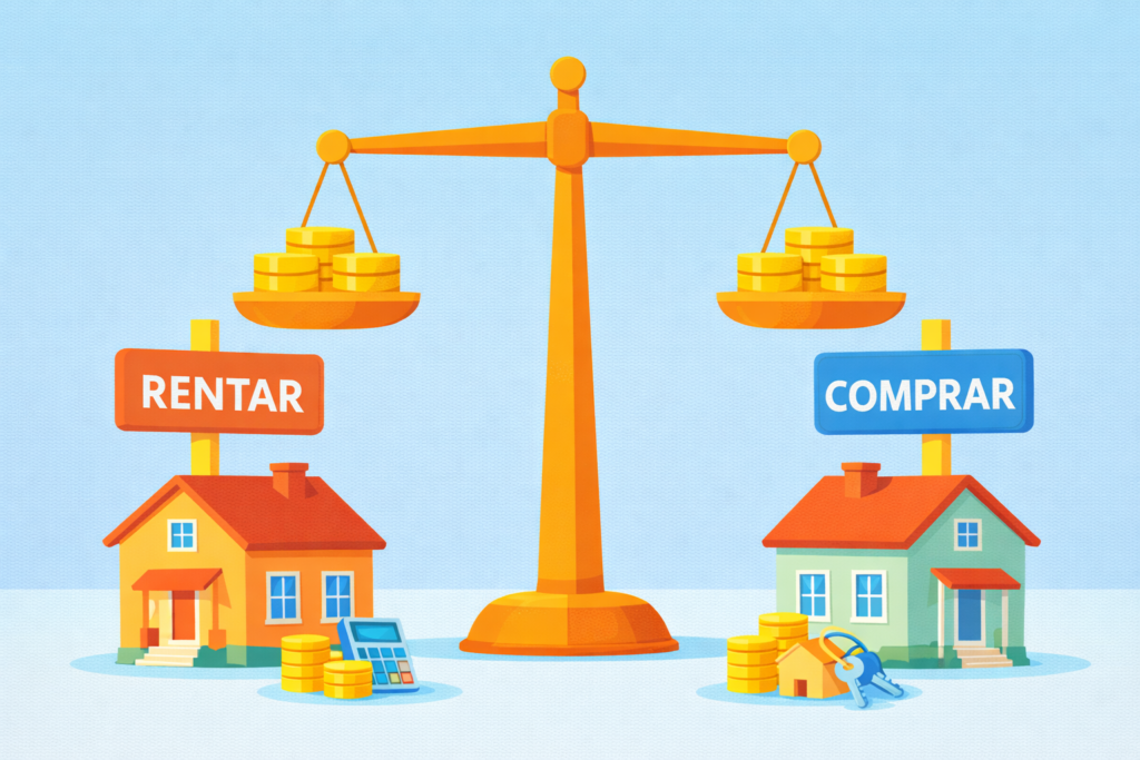 Ilustración conceptual de una casa dividida en dos, simbolizando la elección entre rentar y comprar vivienda en México, con referencias a costos y ventajas de cada opción