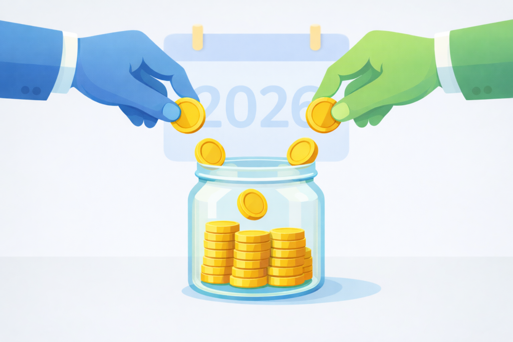 Dos manos depositan monedas en un frasco, representando aportaciones iguales de empleado y empresa al fondo de ahorro 2026.