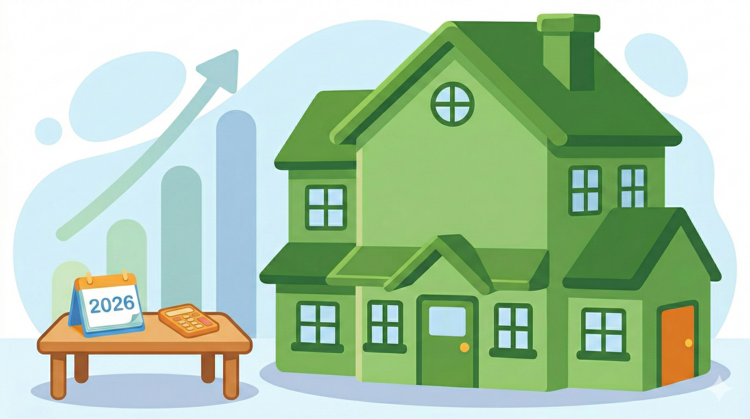 Ilustración minimalista de un calendario de escritorio marcando el año 2026 con iconos de una casa y una calculadora, sobre un fondo de gráficas de barras ascendentes en azul y verde que representan el crecimiento inmobiliario.