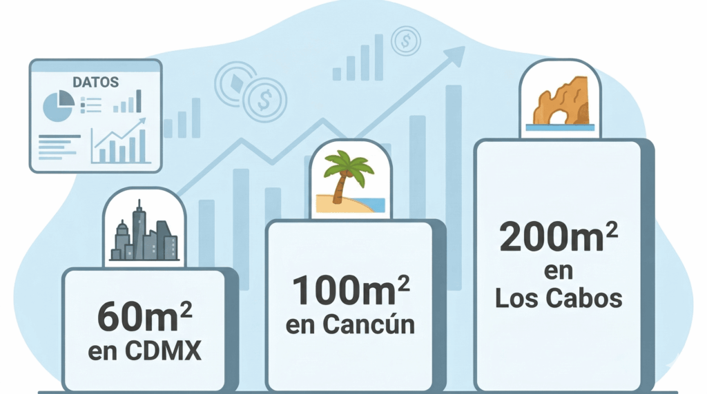Ilustración comparativa de tres cuadros que muestran cuánto espacio rinde el dinero en 2026: un cuadro pequeño para 60 m² en CDMX, uno mediano para 100 m² en Cancún y uno grande para 200 m² en Los Cabos, destacando la diferencia de metros cuadrados por ciudad.