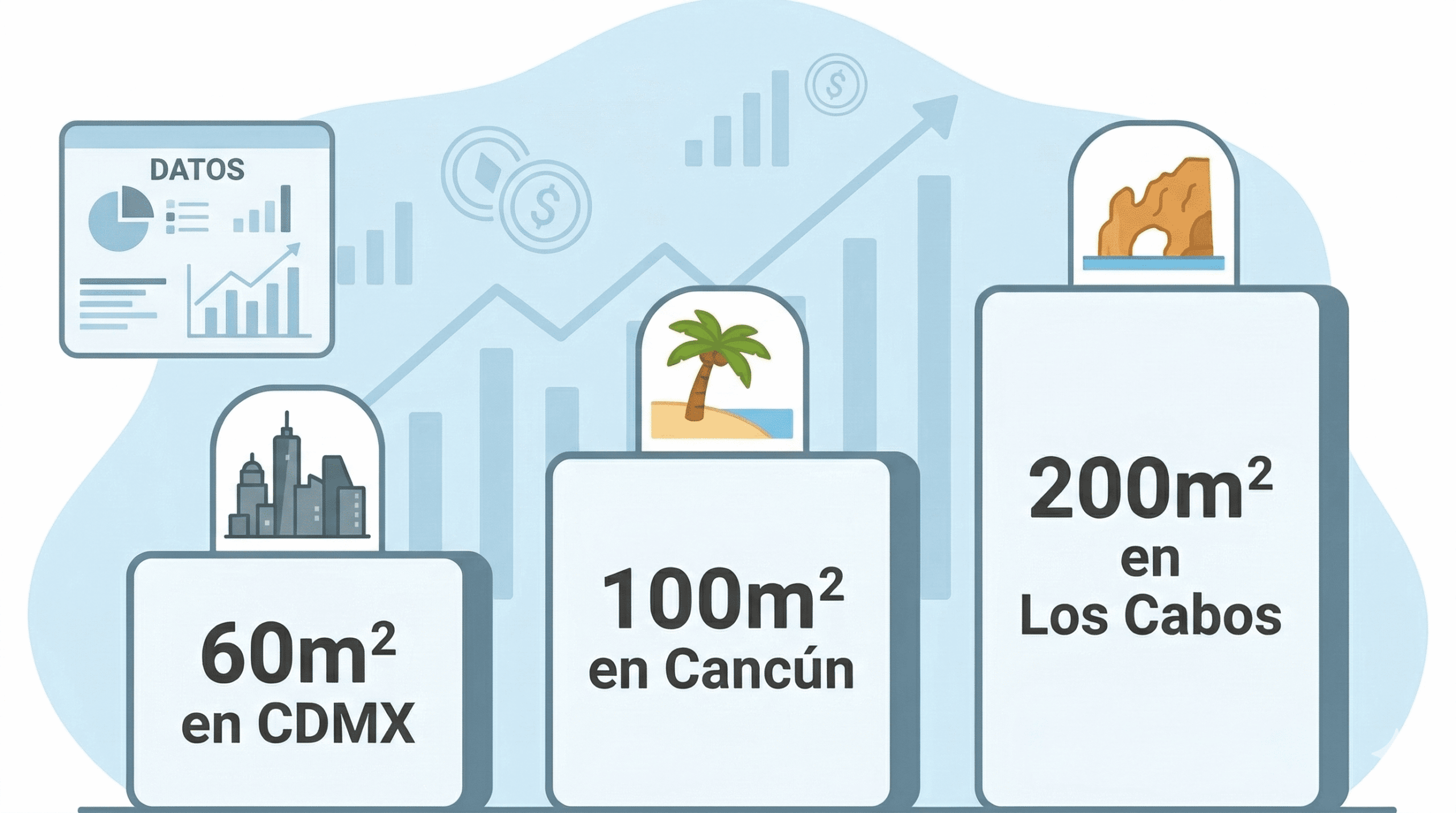 Ilustración comparativa de tres cuadros que muestran cuánto espacio rinde el dinero en 2026: un cuadro pequeño para 60 m² en CDMX, uno mediano para 100 m² en Cancún y uno grande para 200 m² en Los Cabos, destacando la diferencia de metros cuadrados por ciudad.
