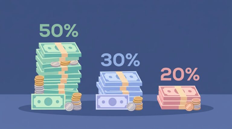 Tres pilas distintas y organizadas de billetes y monedas. Cada pila está claramente etiquetada con un porcentaje: 50%, 30% y 20%, representando la regla del presupuesto personal.
