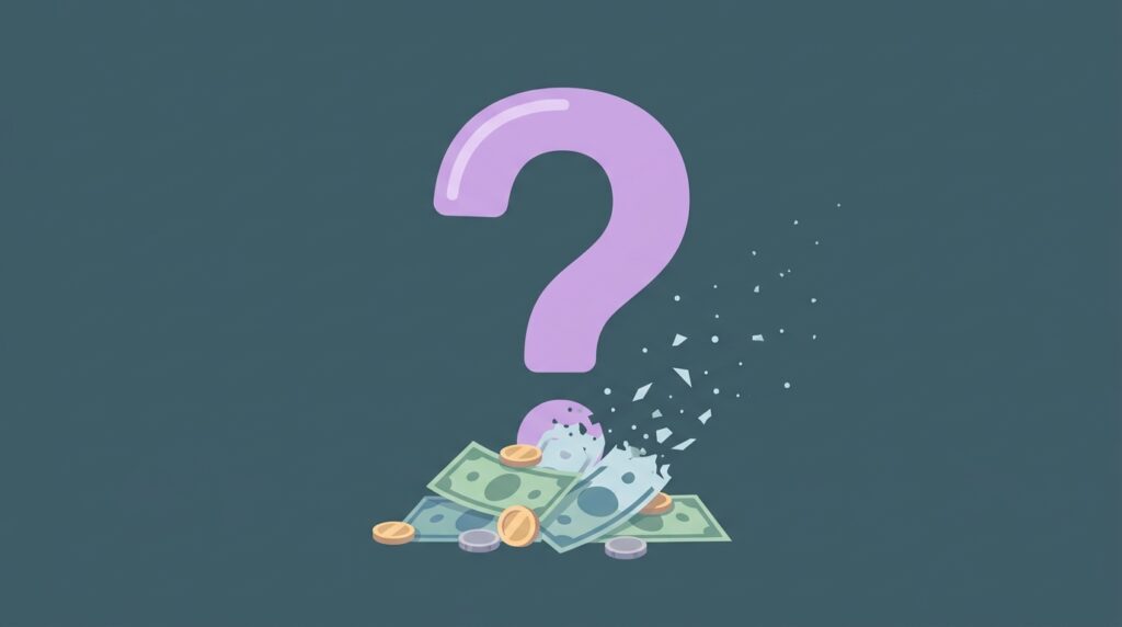 Un gran signo de interrogación flotando sobre una pila de billetes y monedas que se están desvaneciendo o disolviendo lentamente en el aire, simbolizando la incertidumbre sobre a dónde va el dinero.