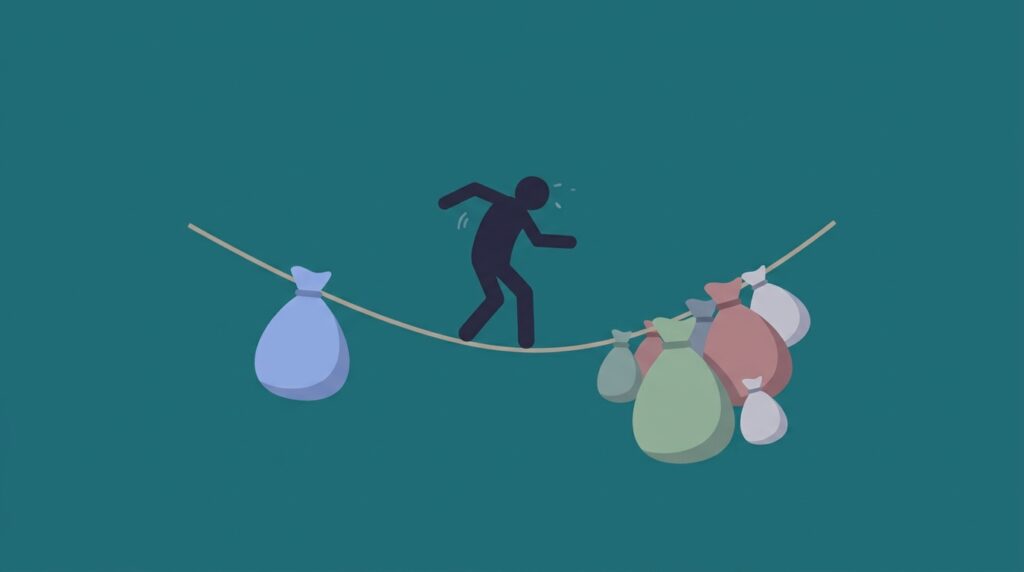 Una persona en silueta caminando con dificultad sobre una cuerda floja, que se arquea por el peso. A un lado, hay una bolsa grande y llena simbolizando 'Ingresos', y al otro, muchas bolsas de diferentes tamaños que simbolizan 'Gastos', que están desequilibrando la cuerda y haciendo que la persona luche por mantener la estabilidad.