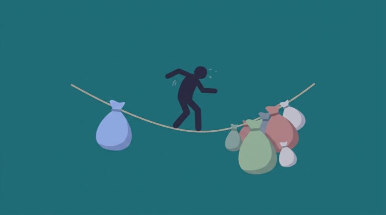 Una persona en silueta caminando con dificultad sobre una cuerda floja, que se arquea por el peso. A un lado, hay una bolsa grande y llena simbolizando 'Ingresos', y al otro, muchas bolsas de diferentes tamaños que simbolizan 'Gastos', que están desequilibrando la cuerda y haciendo que la persona luche por mantener la estabilidad.