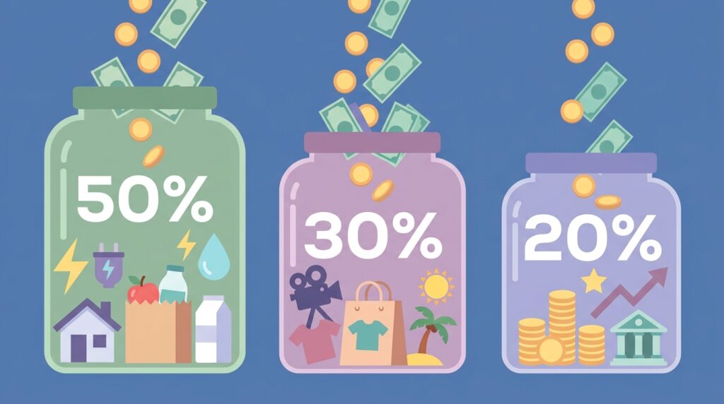 Tres cubos o recipientes de cristal transparentes, etiquetados con '50%', '30%' y '20%', recibiendo monedas y billetes de forma organizada desde una fuente superior. El dinero se ve estructurado dentro de cada contenedor.