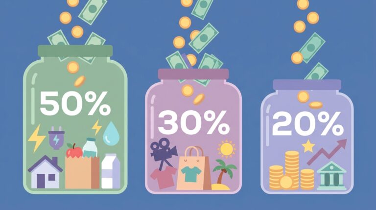 Tres cubos o recipientes de cristal transparentes, etiquetados con '50%', '30%' y '20%', recibiendo monedas y billetes de forma organizada desde una fuente superior. El dinero se ve estructurado dentro de cada contenedor.