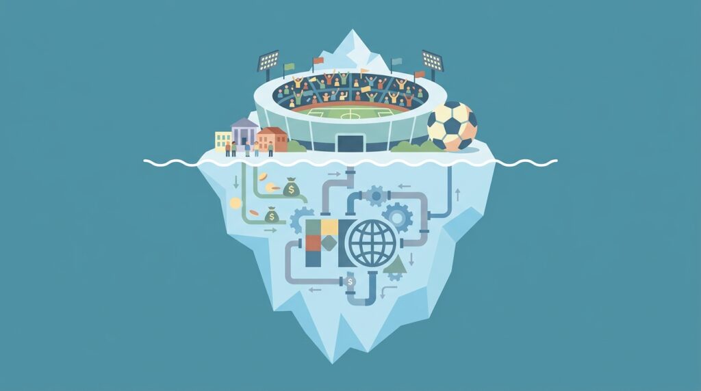 Un iceberg que emerge del agua: la pequeña parte visible sobre la superficie muestra un estadio de fútbol vibrante y gente celebrando, mientras que la masiva porción sumergida revela intrincados flujos de dinero hacia un logo abstracto de una corporación global (FIFA) y símbolos de impuestos, ilustrando los costos ocultos y beneficiarios principales del Mundial 2026.