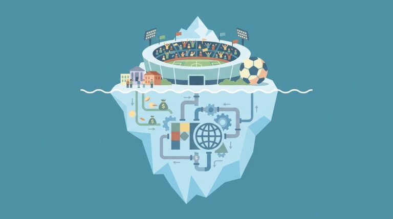 Un iceberg que emerge del agua: la pequeña parte visible sobre la superficie muestra un estadio de fútbol vibrante y gente celebrando, mientras que la masiva porción sumergida revela intrincados flujos de dinero hacia un logo abstracto de una corporación global (FIFA) y símbolos de impuestos, ilustrando los costos ocultos y beneficiarios principales del Mundial 2026.