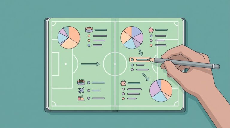 Un cuaderno abierto donde las páginas tienen líneas de un campo de fútbol, pero están llenas de gráficos de presupuesto, listas de gastos y flechas de ahorro. Una mano con un lápiz señala un objetivo de gasto, simbolizando la planificación financiera detallada para el Mundial.