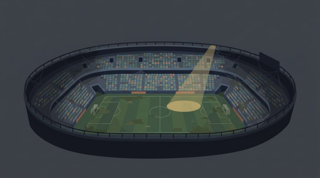Un estadio de fútbol post-Mundial, vacío y descuidado, con un foco solitario, representando los 'elefantes blancos' y la 'resaca financiera' tras el evento.