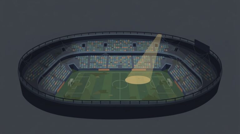 Un estadio de fútbol post-Mundial, vacío y descuidado, con un foco solitario, representando los 'elefantes blancos' y la 'resaca financiera' tras el evento.
